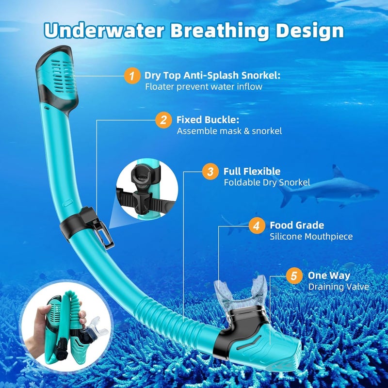 Honlanor Snorkel Set Adults Snorkeling Gear Anti-Leak and Anti-Fog Tempered Glass Lens Panoramic View Swim Mask Dry Top Snorkel Kit for Snorkeling Scuba Diving Swimming Travel with Carry Bag - Image 5